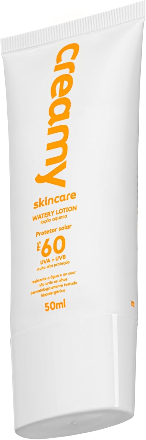 Creamy Skincare Protetor Solar 50g | FPS 60, Watery Lotion, Toque Seco, Efeito Matte, Resistente à